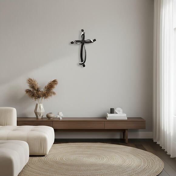 Faux Metal Wall Cross 13x9 Inch Christian Decor Brown Silver Farmhouse Style - Picture 2 of 13